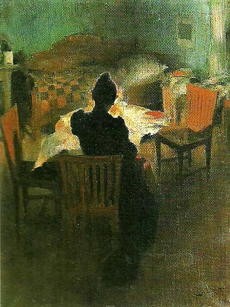 Carl Larsson ljusinterior fran dalarna- vid lampan oil painting image
